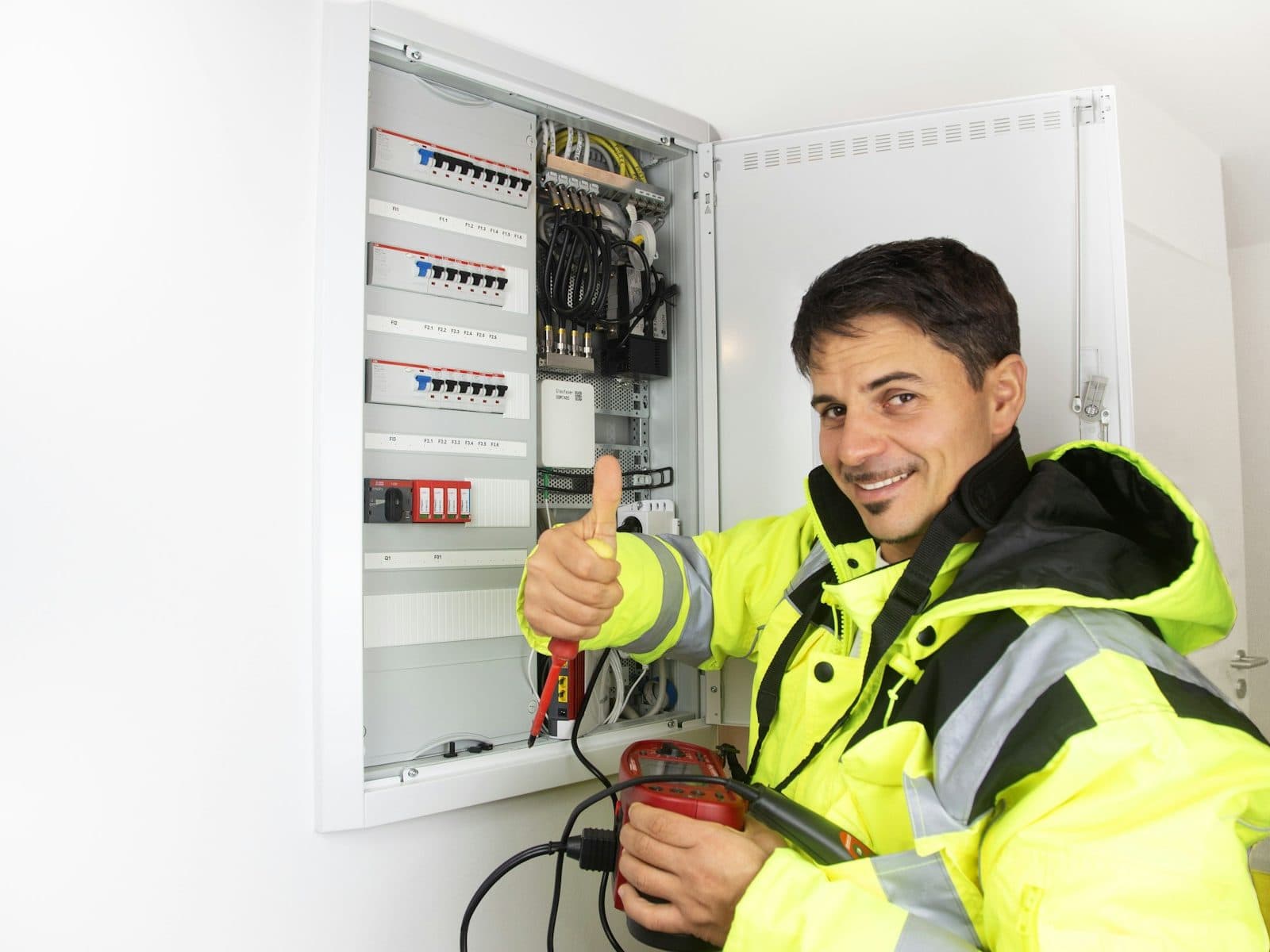 Smiling electrician at an electrical panel